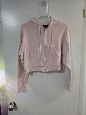 Cropped Pink Zip Up Hoodie Womens Soft Knit Lounge Sweater Hoodie
